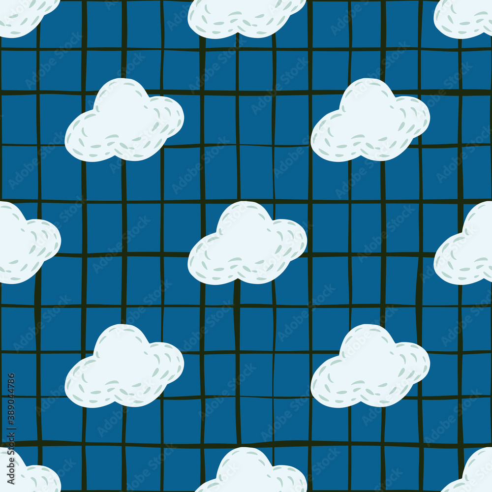 Doodle seamless pattern with white hand drawn clouds silhouettes ...