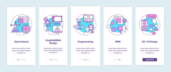 Top careers in IT for creative thinkers onboarding mobile app page screen with concepts. Data science creation walkthrough 5 steps graphic instructions. UI vector template with RGB color illustrations