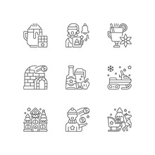 Winter Season Vacation Linear Icons Set. Hot Chocolate. Singing Carol. Mulled Wine. Christmas Holiday. Customizable Thin Line Contour Symbols. Isolated Vector Outline Illustrations. Editable Stroke