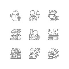 Sticker - Winter season vacation linear icons set. Hot chocolate. Singing carol. Mulled wine. Christmas holiday. Customizable thin line contour symbols. Isolated vector outline illustrations. Editable stroke