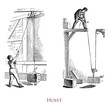 Vintage illustration of a  worker managing a hoist, device used for lifting or lowering a heavy load by means of a pulley around which rope or chain wraps