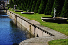 Fountains Of The Samsonovsky Canal In The Lower Park Of The Peterhof Museum Reserve. Russia, Saint Petersburg, 08.17.2020