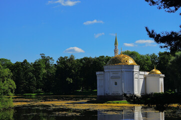 View of the Turkish Bath Pavilion in the Mezeum of the Tsarskoe Selo Reserve. Russia, Saint Petersburg, 08/17/2020