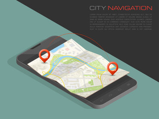 Isometric City map smartphone navigation, Isometry phone point marker, app schema isometric city plan GPS navigation tablet, itinerary destination arrow paper app city map. Route isometric check point