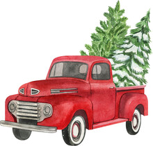 Christmas Red Retro Truck With Christmas Tree. Watercolor Holiday Illustration. Perfect For Your Christmas And New Year Project, Invitations, Greeting Cards, Wallpapers