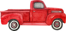 Watercolor Red Retro Truck. Hand Painted Vintage Retro Car Illustration Perfect For Thanksgiving Card Making, Wedding Invitation And Fall Autumn Postcards 