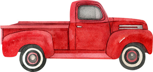 Watercolor red retro truck. Hand painted vintage retro car illustration perfect for thanksgiving card making, wedding invitation and fall autumn postcards 