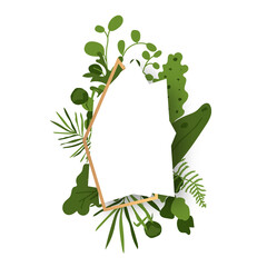 Poster - Abstract gold floral frame with green exotic tropical leaves, branch, berries. Polygonal geometric white banner empty template for text. Luxury decorative modern polyhedron closeup Vector illustration
