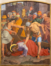 VIENNA, AUSTIRA - OCTOBER 22, 2020: The Fresco Fall Of Jesus Undwer The Cross  As Part Of Cross Way Station In The Church Of St. John The Nepomuk By Josef Furlich (1844 - 1846).