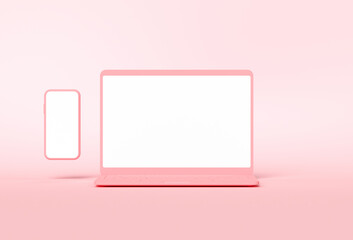 Aufkleber - 3d render pink computer notebook and smartphone with empty screen on pink background. laptop and mobile phone mockup for banner, advertising. 3D illustration.