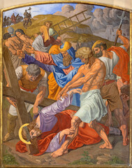 Papier Peint - VIENNA, AUSTIRA - OCTOBER 22, 2020: The fresco Fall of Jesus undwer the cross as part of Cross way station in the church of St. John the Nepomuk by Josef Furlich (1844 - 1846).