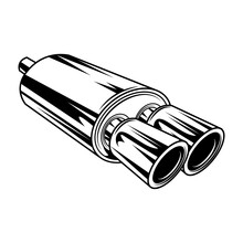 Double Exhaust Pipe Vector Illustration. Vintage Car Chrome Part, Automobile Detail. Repair Concept For Mechanic Service Station Emblem Or Garage Label Templates