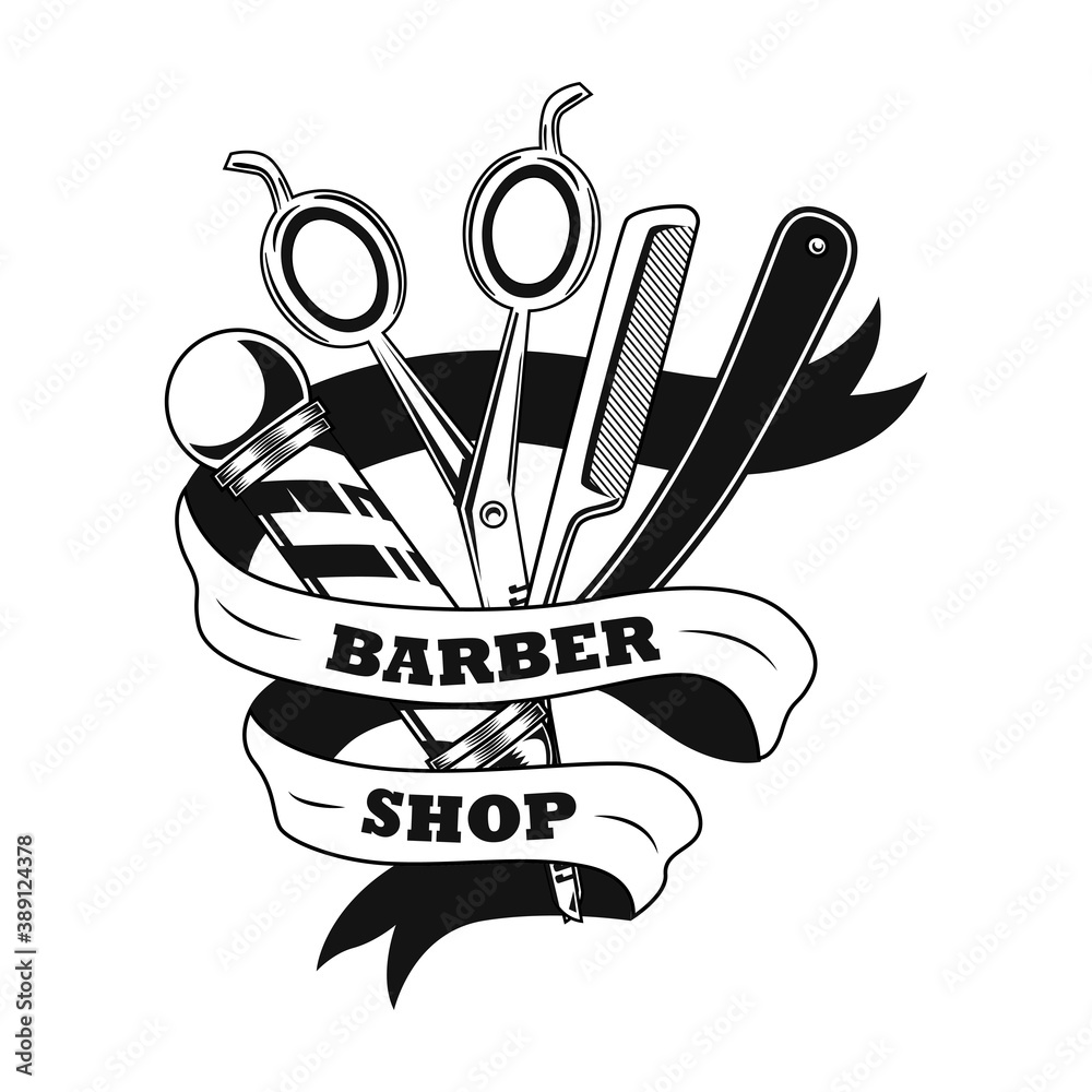 Barber tools vector illustration. Scissors, shaving razor, pole and ...
