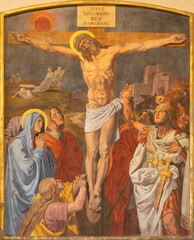 Papier Peint - VIENNA, AUSTIRA - OCTOBER 22, 2020: The fresco of Crucifixion as part of Cross way station in the church of St. John the Nepomuk by Josef Furlich (1844 - 1846).