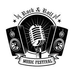 Fototapete - Black mic and loudspeakers vector illustration. Vintage promotional sign for concert or music festival. Rock and roll concept can be used for retro template, banner or poster