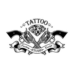 Fototapete - Retro crossed gun and diamond vector illustration. Monochrome stylish revolvers. Tattoo design and style concept can be used for retro template, banner or poster
