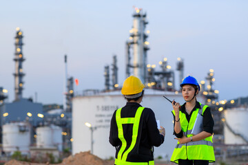 smart two female engineer discussion together at refinery industry plant at industry factory center 