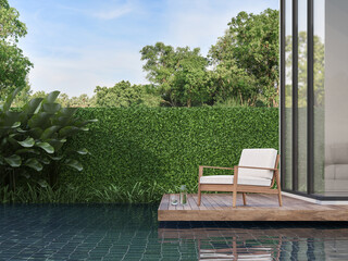 Modern contemporary  terrace on the swimming pool 3d render, There are a wooden floor , green plant fence,Decorated with wood and white fabric furniture,Surrounded by nature.