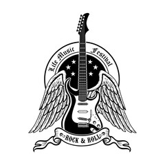 Fototapete - Retro sticker with flying guitar vector illustration. Vintage promotional label for lite music festival. Entertainment and event concept can be used for retro template, banner or poster
