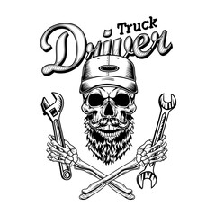 Fototapete - Vintage skull of serviceman vector illustration. Monochrome dead bearded man holding spanners. Repair and service concept can be used for retro template, banner or poster
