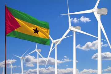 Sao Tome and Principe alternative energy, wind energy industrial concept with windmills and flag industrial illustration - renewable alternative energy, 3D illustration