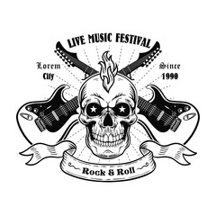 Sticker - Vintage skull and guitars vector illustration. Monochrome promotional label for live music festival. Rock and roll concept can be used for retro template, banner or poster