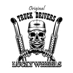 Canvas Print - Black skull of truck driver vector illustration. Vintage dead head in cap steering vehicle. Shipment and transportation concept can be used for retro template, banner or poster