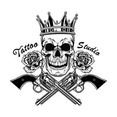 Wall Mural - Retro tattoo with skull in crown vector illustration. Vintage dead head of king, roses and crossed weapon. Tattoo design, art and style concept can be used for retro template, banner or poster