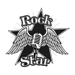 Canvas Print - Creative mic with wings vector illustration. Monochrome retro tattoo for rock star with lettering. Entertainment and music concept can be used for retro template, banner or poster