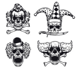 Poster - Scary clowns skulls vector illustrations set. Collection of monochrome creepy comics in hats with crossed bones. Horror or Halloween celebration concept for tattoos, emblems, badges templates