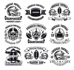 Fototapete - Monochrome American football emblems vector illustration set. Vintage signs or sticker for team with skull in helmet and ball. Sport game and championship concept can be used for stickers and badges