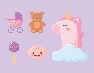 Wall Mural - baby shower, cute unicorn bear pram rattle and boy fae icons