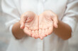 © Quality Stock Arts - closeup female two hand open palm clean white cloth for giving helping asking image concept.