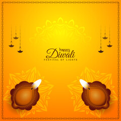 Bright yellow Happy Diwali festival background with diya