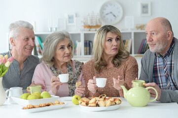 Sticker - Portrait of two senior couples drinking tea