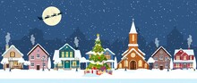 Happy New Year And Merry Christmas Winter Old Town Street. Christmas Town City Seamless Border Panorama. Santa Claus With Deers In Sky Above The City. Vector Illustration In Flat Style