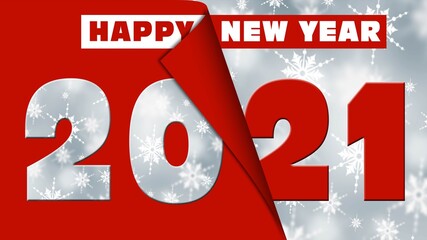 Poster - Year change 2021 with lettering Happy New Year - red and white on background with blurred snowflakes - 3D illustration
