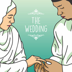 Vector illustration of Muslim lovers getting married, the groom puts a ring on the finger of the bride