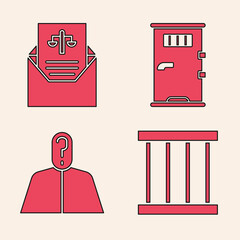 Poster - Set Prison window, Subpoena, Prison cell door and Anonymous with question mark icon. Vector.