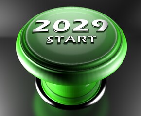 Poster - 2029 START green push button on black background - 3D rendering illustration