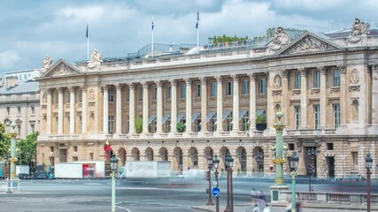 Wall Mural - Architecture of Place de la Concorde timelapse in Paris. Traffic on road. Cloudy sky at summer day. Paris, France.