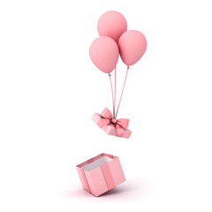 Aufkleber - Sweet pink pastel color gift box or open present box with pink ribbon bow and balloons isolated on white background with shadow minimal conceptual 3D rendering