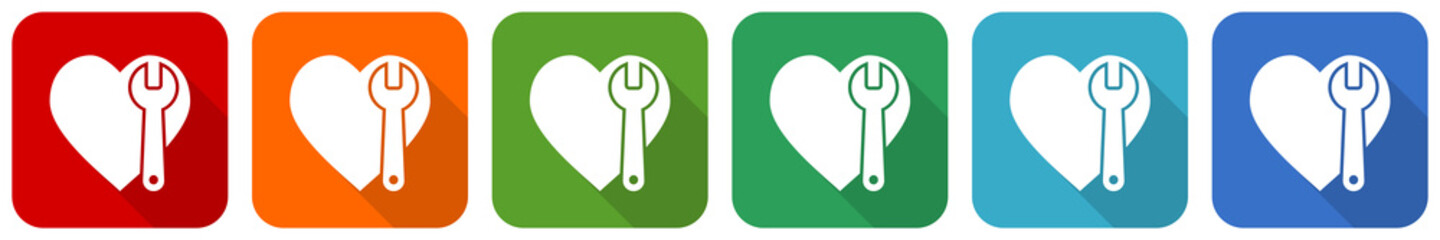 Leinwandbilder - Wrench and heart icon set, flat design vector illustration in 6 colors options for webdesign and mobile applications