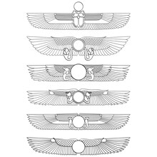 Vector Monochrome Icon Set With Ancient Egyptian Symbol Winged Sun For Your Project