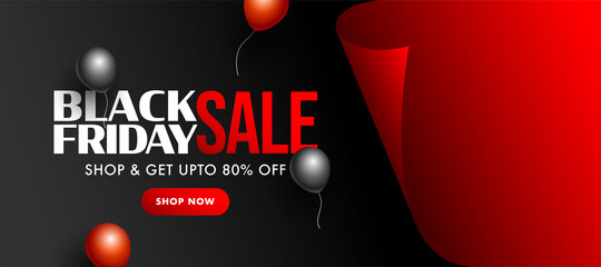 Poster - Black Friday Sale Banner Design with 80% Discount Offer and Glossy Balloons on Red Curl Paper Background.