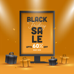 Wall Mural - black friday sale text with 60% discount offer on billboard, realistic gift boxes and golden backgro