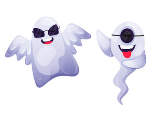 Sticker - Cartoon Funny Ghosts On White Background.