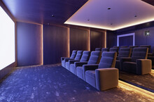 Title: 3d Home Cinema Room With Yellow Lights And Suede Armchairs With Movie Screen


