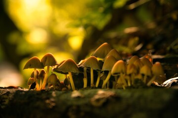 Wall Mural - Group of mushroom on tree trunk in autumn forest