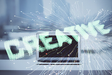 Aufkleber - Desktop computer background in office and start up theme hologram drawing. Double exposure. Startup concept.